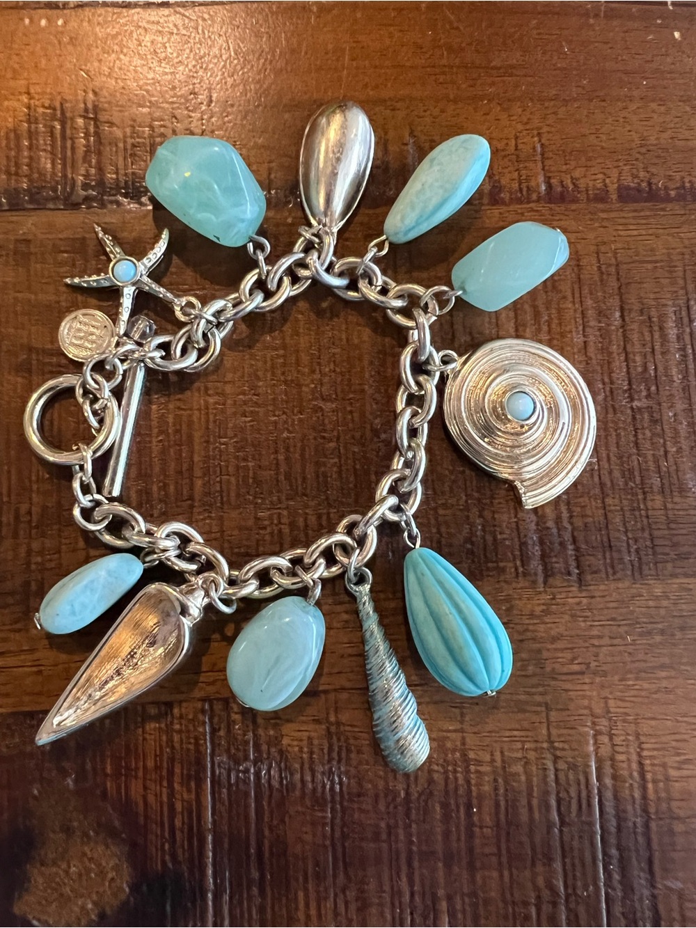Sale! Silver/Gold Charm Bracelet with Turquoise Beads & relics—great condition!